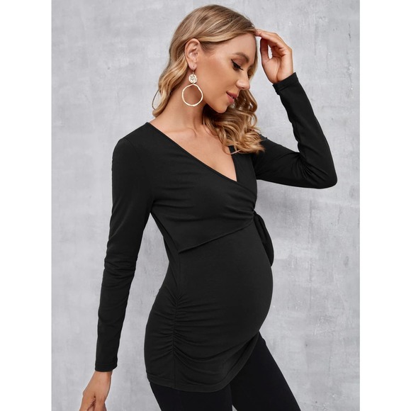 Maternity Solid Nursing v neck long sleeve Tee tie front black - Picture 4 of 11